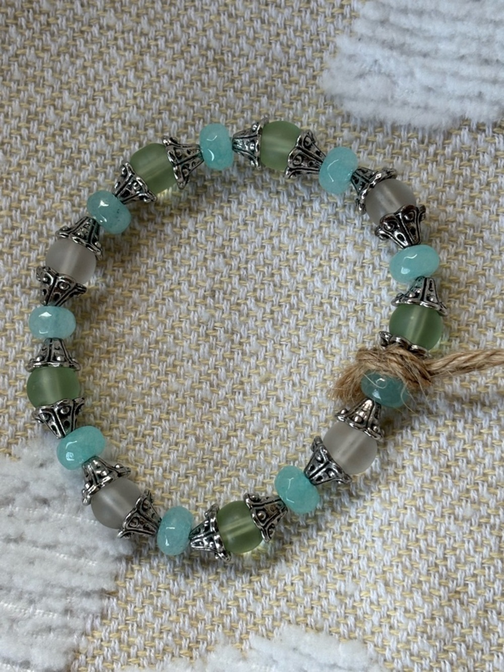 Handmade Sea Glass Bead Stretch Bracelet - Aqua & Sage